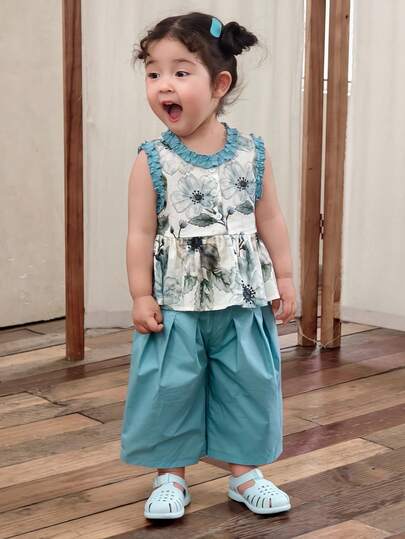 Dazy Kids Infant/Toddler Girls' Vacation All-Over Print Korean Style Sleeveless Shirt & Pants Set