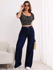 Jeans Amplios de Cintura Alta de Color Azul Oscuro para Mujer, Pantalones Simples y Retro - Azul lavado oscuro - Ver 2