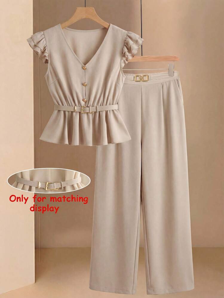 Women's Solid Color Button Design Cap Sleeve Shirt And Wide Leg Pants Casual 2 Pieces Set,Summer Set,Summer Outfit For Women Women 2 Piece Outfit Casual Women Elegant Outfits Classy Coords Outfit For Women Women Vacation Outfit Sets Women Clothes Sets,Summer Outfit For Women,Work Outfits For Women
