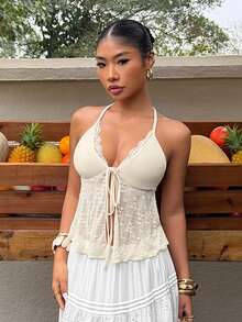 Sunnyshic 女士夏季露背深V蕾丝边不对称提花下摆度假吊带衫 - 杏色 - 查看 5