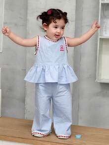Dazy Kids Bộ 2 món áo và quần không tay cổ tròn kiểu Hàn Quốc viền bèo cho bé gái sơ sinh/trẻ nhỏ - Màu xanh lam - Xem 7