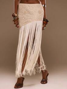 MUSERA 阳光图案蕾丝流苏中长裙，春夏度假海滩优雅伊比沙岛节日假日塔吉锅 - 奶油色 - 查看 1