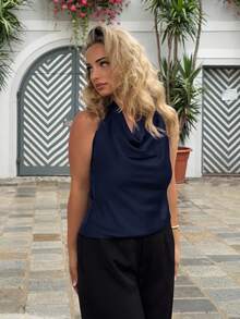 Jeta Ari 杏色垂墜領口綁帶簡約優雅女士背心 - 藏蓝色 - 查看 6