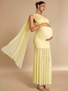 MaterniChic Pregnant Women Elegant Yellow One-Shoulder Pleated Maternity Dress,Summer Long Pregnancy Dress For Photoshoot,Baby Shower Wedding Guest Party Dress - Yellow - View 9