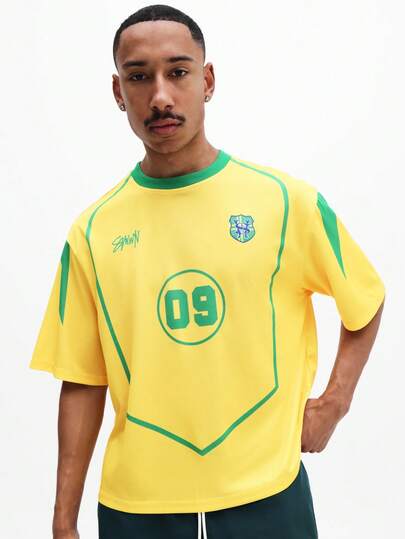 SUMWON Camiseta oversize de estilo de camiseta de fútbol de Brasil amarilla con ribete verde y estampado del número D9