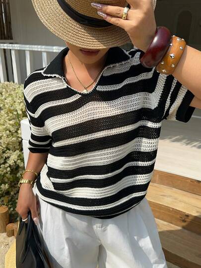 Dazy Plus Color Block Loose Fit Short Sleeve Casual Black Knit Top, Spring/Summer