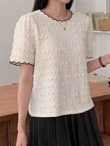 DAZY Women's Summer Textured Loose Fit Contrast Trim Casual T-Shirt - Apricot - View 4