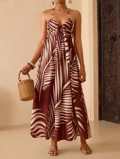 Vesra Brown Base White Leaf Print Halter Front Tie Maxi Skirt Dress, Vacation Casual Style