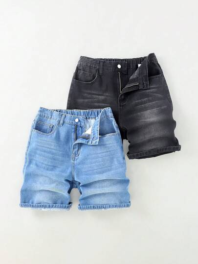 2Pcs Teen Boy Fashion Casual Vintage Cool Street Comfortable And Simple Blue And Black Loose-Fit Denim Shorts For Kids Clothes Teen Boy Dailywear And Kids Spring To Summer Rave Outfits Festival And Outfits Streetwear Clothes
