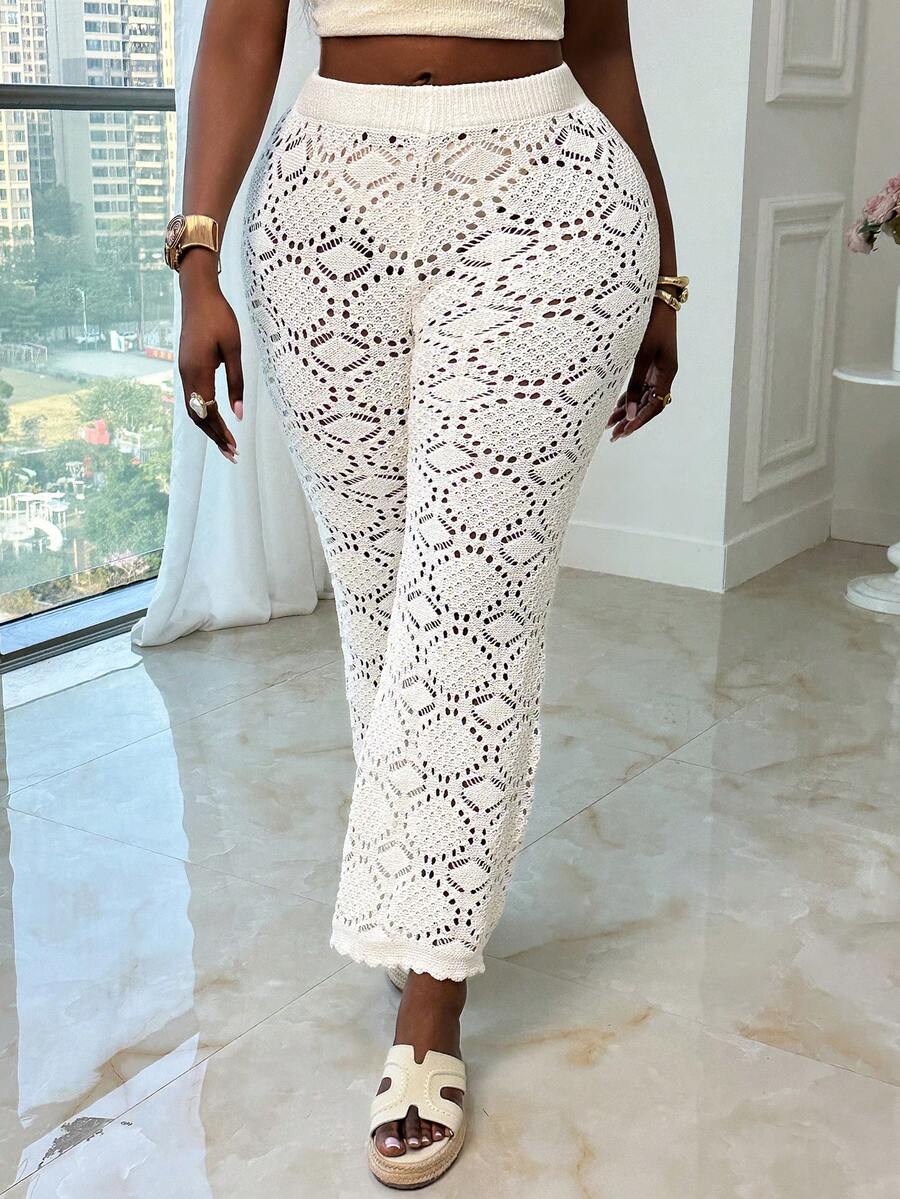 Xyvia 女士性感镂空花卉针织裤 - 米色 - 查看 1