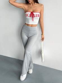 Hanevo 女士休闲字母印花针织喇叭裤 - 淺灰色 - 查看 4