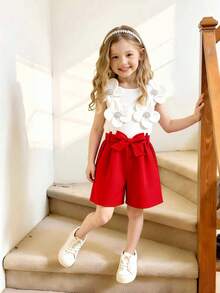 Elladie kids 女童碎花吊带连体衣，甜美舒适的碎花腰带，夏季休闲女童装，红色两件套，幼儿女童短裤套装，女童蝴蝶结套装，红白女童套装，儿童女童夏季服装，红色两件套，幼儿女童可爱复古风 - 紅色 - 查看 3