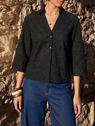 Maija Women's Black Eyelet Embroidery Casual Vacation Spring Summer Embroidered Shirt Beach Cotton