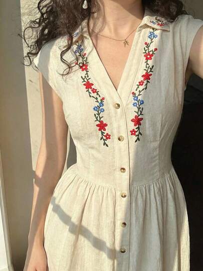 SHEIN MOD Đầm sơ mi không tay cài cúc thêu họa tiết cổ điển