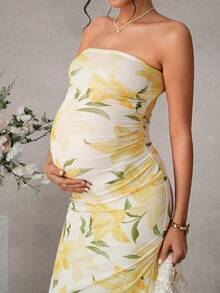 SHEIN 印花开衩长款孕妇连衣裙，优雅 - 黃色 - 查看 7