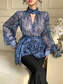 DAZY Women's Elegant Floral Print Stand Collar Belted Shirt, Spring - Blue - View 8