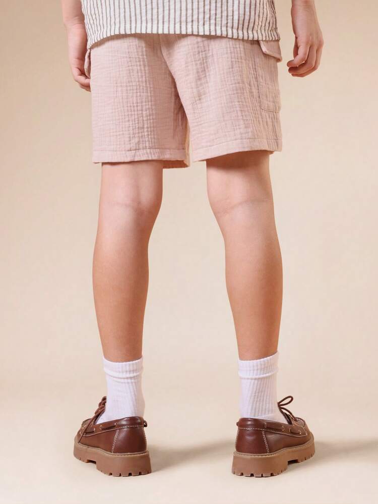 Boys Woven Cargo Shorts With Multiple Pockets Casual Summer Elastic Waist Drawstring Lightweight Cotton Relaxed Fit Mid Thigh Length Kids Outdoor Adventure Shorts
