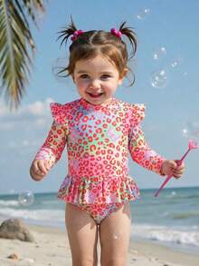 New Fashion One-Piece Long Sleeve Zipper Back Swimsuit For Toddlers & Kids - Multicolor - View 1