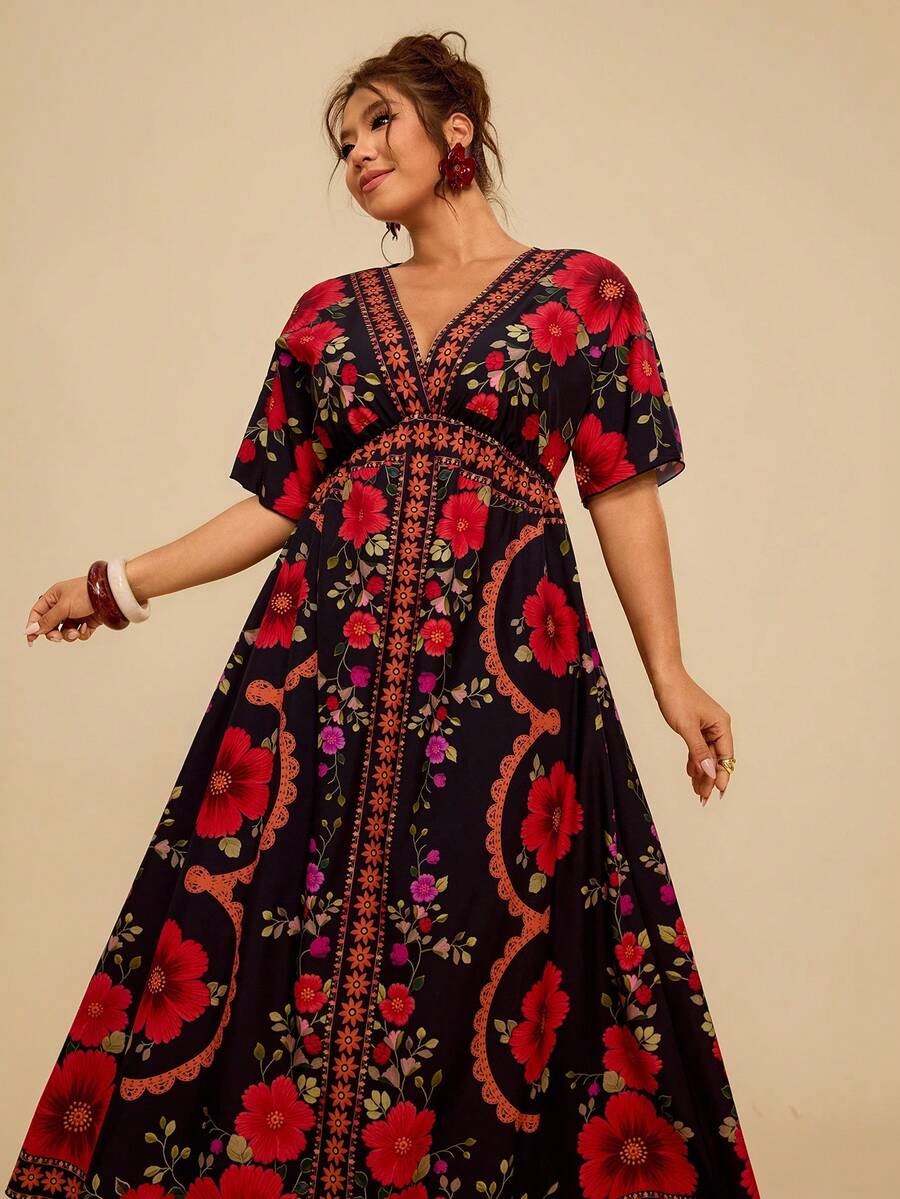 Travachic 大码女式V领碎花优雅收腰约会派对连衣裙 女式大码连衣裙 女式夏季连衣裙 女式连衣裙 - 彩色 - 查看 1