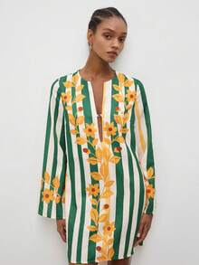 MAIJA Bohemian Holiday Striped Floral Print V-Neck Long Sleeve Mini Dress - Multicolor - View 7