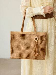 MOTF WOMEN'S TOTE BAG, STYLISH WOVEN HOLLOW SHOULDER BAG - Light brown - View 6