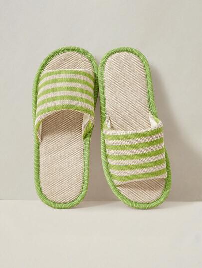 Cuccoo Women Shoes Spring And Autumn Soft-Soled Sweat-Absorbing Open-Toed Flat-Bottomed Slippers, Fresh Green Striped Linen Drag, Hemming Design, Breathable Upper, Four-Season Silent Slippers