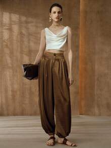 Arave Women's High Waist Loose Fit Acetate Satin Pleated Relaxed Elastic Waist Daily Commute Pants - Coffee Brown - View 3