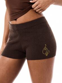 BABYPHAT Women's High Rise Ribbed Knit Micro Length Booty Shorts With Gold Logo Detail Fitted Casual Loungewear Bottom - Brown - View 4