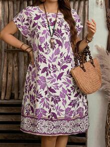 EMERY ROSE Plus Size Casual Floral Print Batwing Sleeve Dress - Purple - View 4