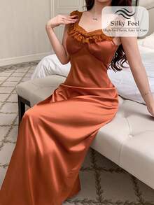 DAZY 女士优雅缎面蕾丝拼接荷叶边长款睡裙，夏季 - 珊瑚橙 - 查看 5