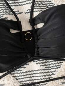 Swim SXY Knitted Solid Color All Swimwear Top With Back Tie - Black - View 8