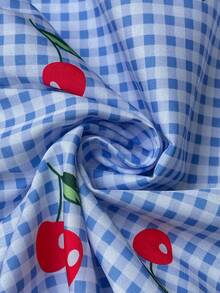 SHEIN Maternity Spaghetti Strap Waist Cinching Plaid Cherry Print Summer Shirt - Blue and White - View 6