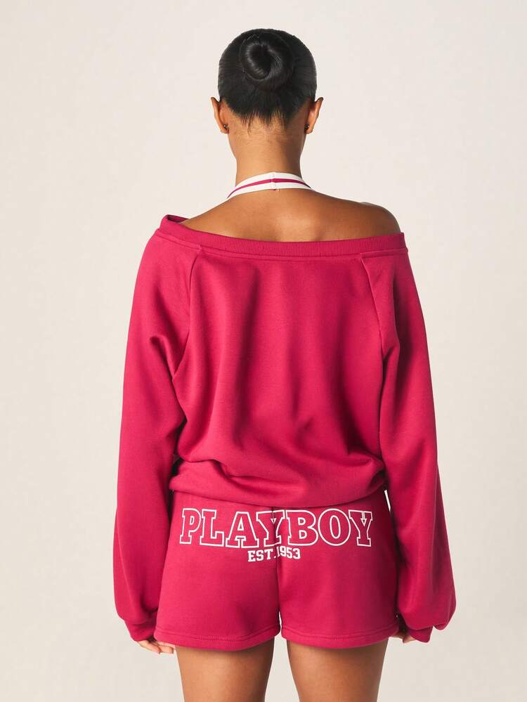 Missguided x Playboy Women's Off Shoulder Logo Sweatshirt Oversized Long Sleeve Boat Neck Pullover Casual Streetwear Top