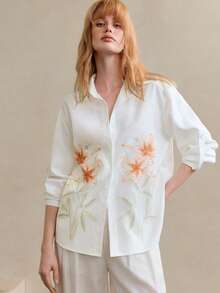 Arave Women's Lily Floral Print Blouse,Orange And White Elegant Long Sleeve Lapel Collar Loose Fit Top,Retro Country Style Autumn Tea Party Casual Shirt - White - View 6