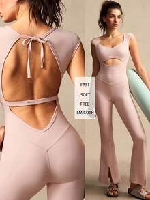 VARSIVA 女士纯色简约短袖连体裤，休闲运动装 - 粉色 - 查看 11