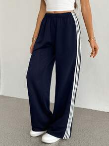 SHEIN Tall Pantalones de chándal casuales de mujer de punto azul marino, pantalones de chándal con franja lateral y parche - Azul Marino - Ver 5