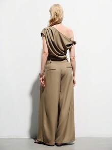 Aveloria Modichic 摩卡卡其色极简都市不对称褶皱设计上衣+高腰褶皱阔腿裤女装两件套，休闲通勤优雅百搭弹力腰宽松阔腿裤两件套 - 卡其色 - 查看 2