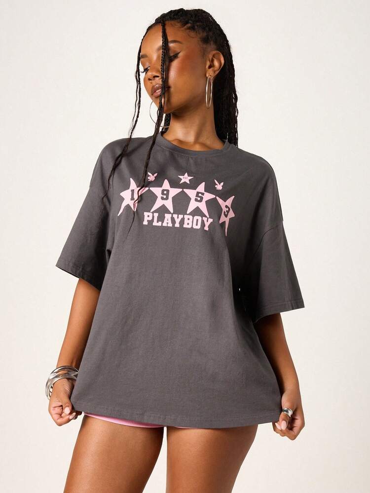 Missguided x Playboy Women Oversized Graphic Tee With Stars And Logo Print Short Sleeve Casual Street Style Relaxed Fit Cotton Blend T-Shirt