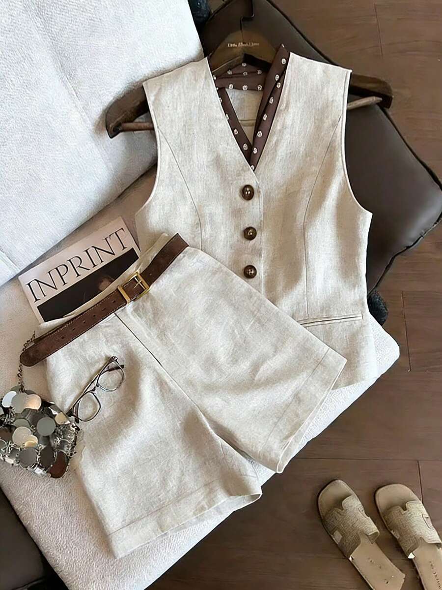 GlowEve Women's Summer Casual Commuting Vest And Shorts 2 Pieces Set - Apricot - View 1