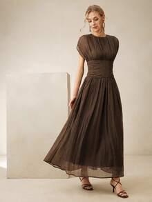 Anewsta Elegant Modern Textured Waist Ruched Dress For Women - Brown - View 5
