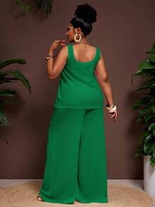 Slaydiva 2025新款春夏大码女装复古西部/热带/音乐节/夜店/公路旅行/休闲街头/城市度假/毕业典礼/优雅度假两件套 - 宽松透视纹理面料U领无袖背心搭配松紧腰裤 - 綠色 - 查看 3