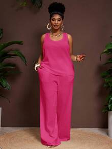 Slaydiva Bộ đồ 2 mảnh cỡ lớn dành cho nữ mùa Xuân/Hè 2025, phong cách vintage miền Tây/nhiệt đới/lễ hội âm nhạc/club/du lịch đường phố/thời trang thường ngày/kỳ nghỉ thành phố/lễ tốt nghiệp/kỳ nghỉ thanh lịch - Áo tank top không tay cổ chữ U bằng vải voan mỏng, dáng rộng, có họa tiết, phối cùng quần palazzo cạp chun, áo liền quần yoga, trang phục làm việc tại nhà, trang phục cho nữ cao, trang phục du thuyền, trang phục công sở cho nữ. - Màu Hồng Tươi - Xem 6