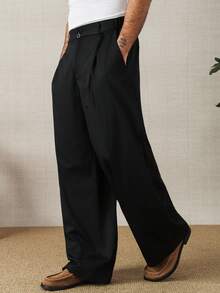 Manfinity Homme Men's Solid Color Pleated Button Relaxed Fit Casual Wide Leg Pants Japanese Pants For Men - Black - View 5