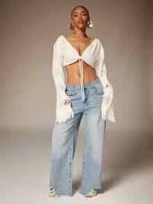 Denimoi Áo croptop tay chuông tua rua, trang phục dự lễ hội, trang phục đi xem hòa nhạc, trang phục đi nghỉ mát, áo gợi cảm. - Màu be - Xem 3