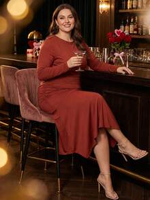 ELLERISSA 大码曲线中长连衣裙，酒红色长袖不对称荷叶边下摆，遮掩腹部，优雅春季休闲派对婚礼宾客礼服，柔软高弹面料，适合正式场合/度假，春季休闲工作装 - 紅色 - 查看 4