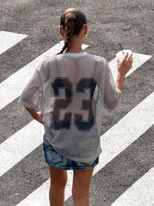 Muchica Summer Women's Knitted Sheer Mesh Digital Print Sports T-Shirt, Summer Outfits Boyfriend Style Basketball Jersey Mesh Shirts Streetwear Top Mesh Long Sleeve See Through Shirt Long Sleeve Summer - Grey - View 2