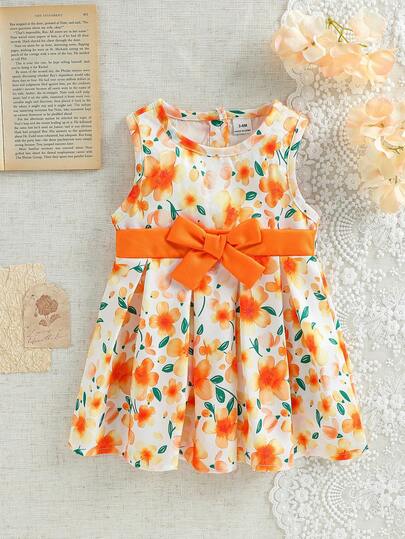 SHEIN Vestido sin mangas con estampado floral acuarela y lazo en la cintura, para niña, primavera/verano