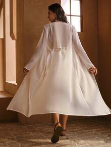 Swim Chiccia Women's White Summer Kimono Cover Up, BOHO Faux Pearl Chiffon Maxi Beachwear,Long Sleeve Flowy Holiday Vacation Party Casual Swimsuit Beach Cover - White - View 2