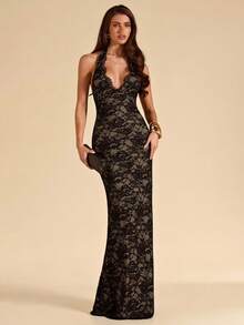 SHEIN BAE Đầm ren ôm sát màu đen gợi cảm cổ chữ V sâu, thanh lịch cho tiệc bãi biển, hẹn hò, đầm ren. - màu đen - Xem 3