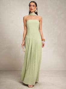 Silquee 春夏绿色不对称褶皱A字连衣裙，配丝巾系带，优雅连衣裙，适合派对、约会、婚礼、毕业典礼、正式活动、度假、演出等场合。 - 薄荷綠 - 查看 3